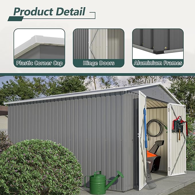 10×10 FT Outdoor Storage Shed,Metal Aluminum Waterproof Tool Sheds with Doors and Vents,Heavy-Duty Sheds Unit W/Lock and Key,for Storing Bicycles,Lawnmowers,Barbeques,Gray