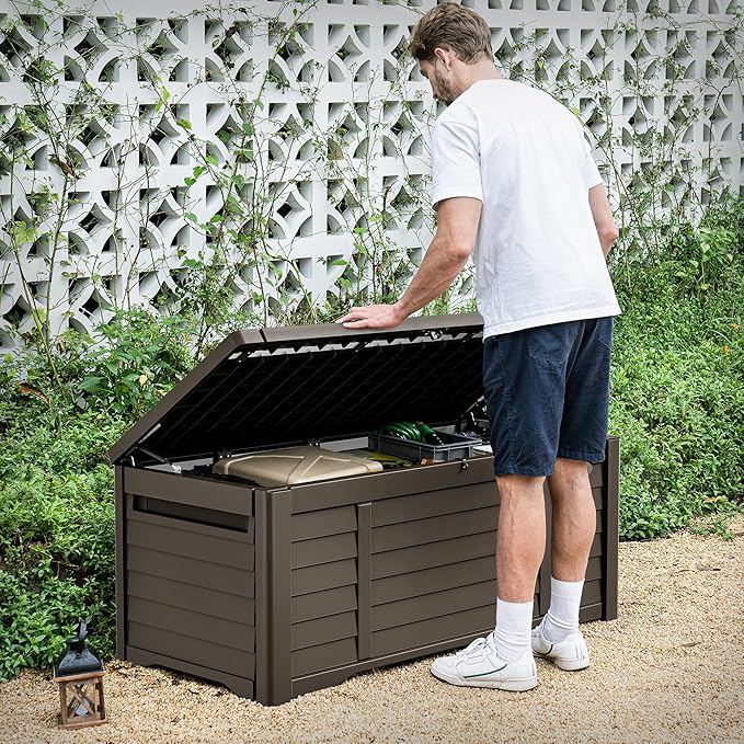 DWVO Large Deck Box 150 Gallon Waterproof Outdoor Storage Box, Extra Large Outdoor Bin, Resin Louvered Patio Storage for Pillows, Garden Tools & Pool Supplies, Lockable, Dark Brown