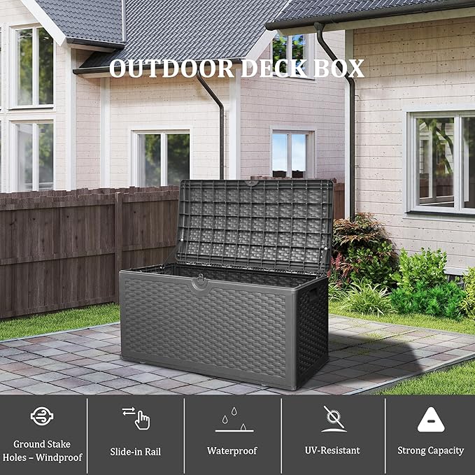 Outdoor Storage Box, 90 Gallon Lockable Resin Deck Box Waterproof, Patio Storage Bin for Furniture Cushion, Garden Tools and Pool Accessories, UV-Resistant Bench Cabinet for Outside, Black