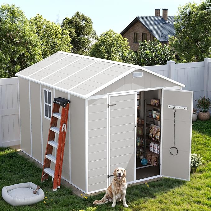 UDPATIO Resin Storage Shed 8 x 10 FT, Outdoor Garden Sheds with Floor Plastic Patio Outdoor Storage with Lockable Door for Bike, Garbage Sandstone