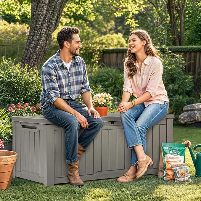 YITAHOME Outdoor Storage Box, 120 Gallon Waterproof Deck Box for Garden Tools, Patio Cushions, and Pool Accessories, Lockable, Easy Assembly, Versatile Bench or Table (Light Brown)