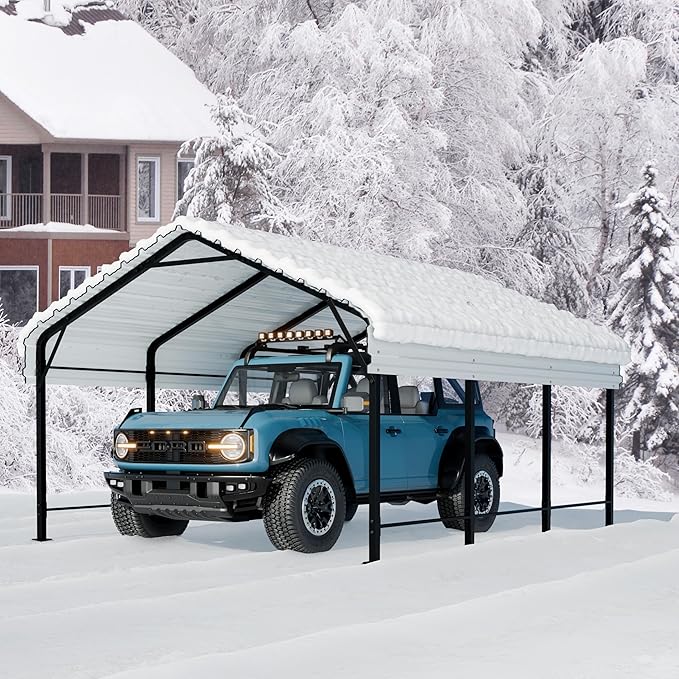 Walsunny Metal Carport 12x15 FT Heavy Duty Carport Canopy with Enhanced Base, Outdoor Car Shelter with Galvanized Steel Roof and Frame Garage for Truck, SUV, Boat, White