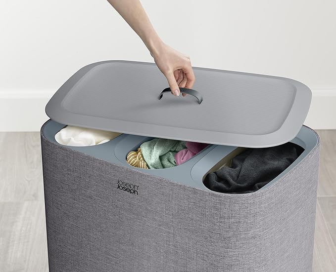 Joseph Joseph Tota Trio 90 liter/23.8 gallon Laundry Hamper Separation Basket with lid, 3 Removable Washing Bags with Handles- Gray