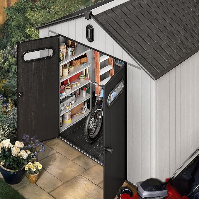 YITAHOME 8x10ft Outdoor Plastic Storage Shed with Floor, Extra Thick Waterproof Garden Shed with Lockable Door, Oval Vision Windows &Vents, 16mm Heavy Duty Tool Storage for Patio, Lawn, Gray