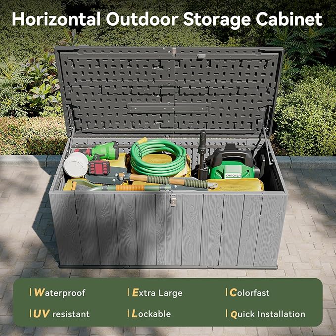Aoxun Horizontal Storage Sheds 21 Cu.ft, HDPE Outdoor Storage Box 160 Gallon, Waterproof Lockable Resin Deck Box with Spring-Assisted Lid, Patio Storage for Garden, Pool, Cushions, Tools, Gray