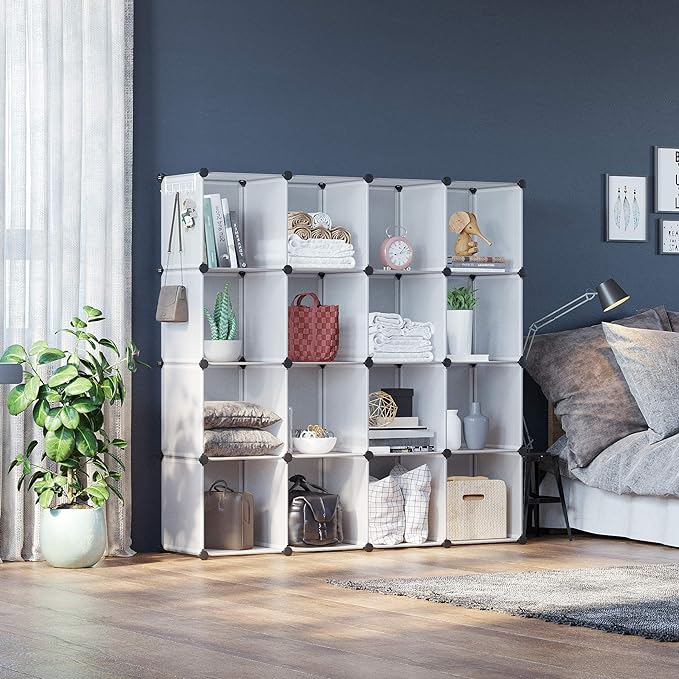 C&AHOME Cube Storage Organizer, 16-Cube Shelves Units, Plastic Storage Cubes, DIY Closet Organizer, Modular Closet Storage Shelves Ideal for Home, 48.4" L × 12.4" W × 48.4" H Transparent SUM3016W