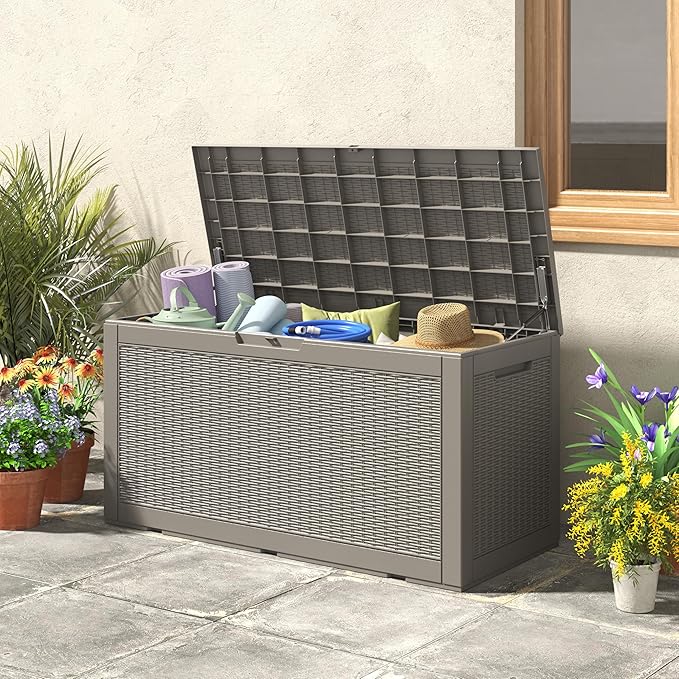 110 Gallon Outdoor Storage Box, Resin Deck Boxes Outdoor Waterproof For Patio Furniture, Garden Tools, Pool Supplies, Lockable And UV Resistant (Rattan Gray)