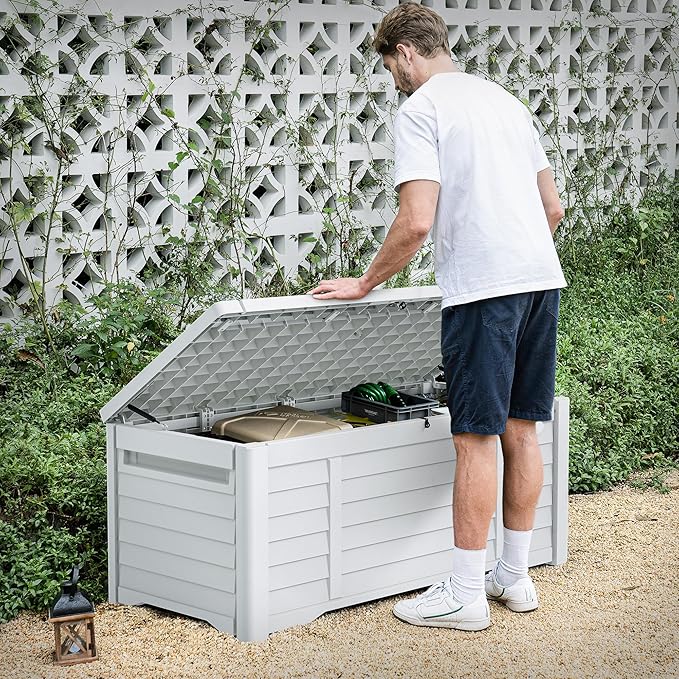 DWVO Large Deck Box 150 Gallon Waterproof Outdoor Storage Box, Extra Large Outdoor Bin, Resin Louvered Patio Storage for Indoor Pillows, Garden Tools & Pool Supplies, Lockable, White