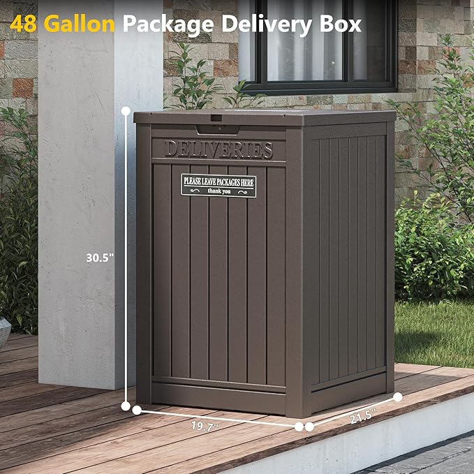 Package Delivery Box for Outside with Sticker, 48 Gallon Storage with Lockable Secure, Large Double Wall Resin Outdoor Package Delivery Waterproof Deck