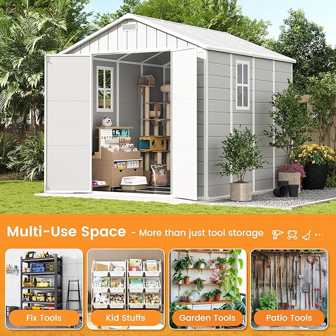 UDPATIO Resin Storage Shed 8 x 8 FT, Outdoor Garden Sheds with Floor Plastic Patio Outdoor Storage Shed with Lockable Door, Sandstone