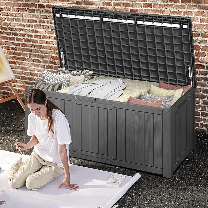 DWVO 120 Gallon Outdoor Storage Deck Box, Weather-Resistant Resin, Versatile for Patio Furnishings, Outdoor Cushions, Garden Tools, and Sports/Pool Gear (Dark Gray)