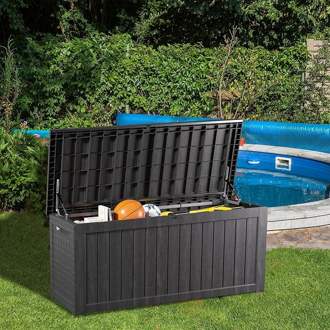 Outdoor Storage Box 230GAL Waterproof Resin Deck Box,UV-Resistant Lockable Package Delivery Bin for Garden Tools,Large Patio Outside Cushions,Pool Accessories Supplies,Chest,Furniture,Black