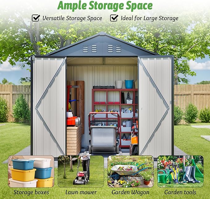 6x6 FT Outdoor Storage Shed with Lockable Doors & Sloping Roof & Clear Window & Floor Frame, Galvanized Steel Metal Garden Tool Shed for Backyard, Patio, Poolside
