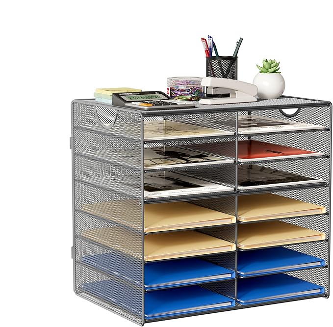 EasyPAG Paper Trays for Classroom 14 Tier Mesh Desk Organizer Shelves with Handle A4/Letter Size File Folder Organizer Shelf for Office, School, Home, Silver
