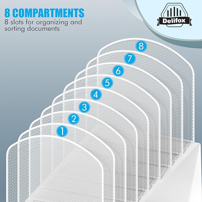 Inclined Desk File Organizer, 8-Section Upright Desk Organizer Standing File Sorter for Office Classroom Desktop Organization
