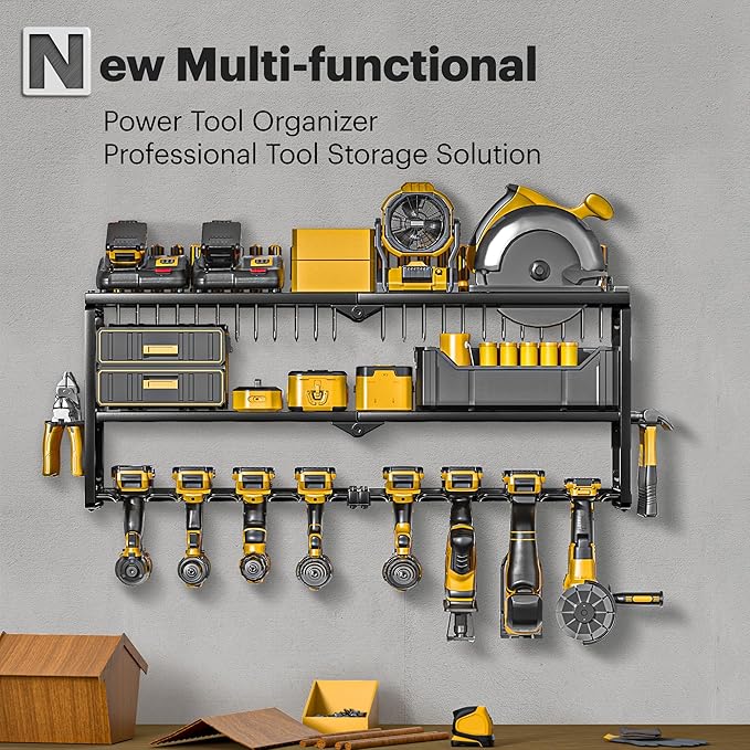 Power Tool Organizer Wall Mount, 15 Min Assembly & Maximum 100lb load by Heavy Duty Metal, 8 Drill Holder, 3 Layers Garage organization and Storage Rack, Tool Shelf With Battery Holder