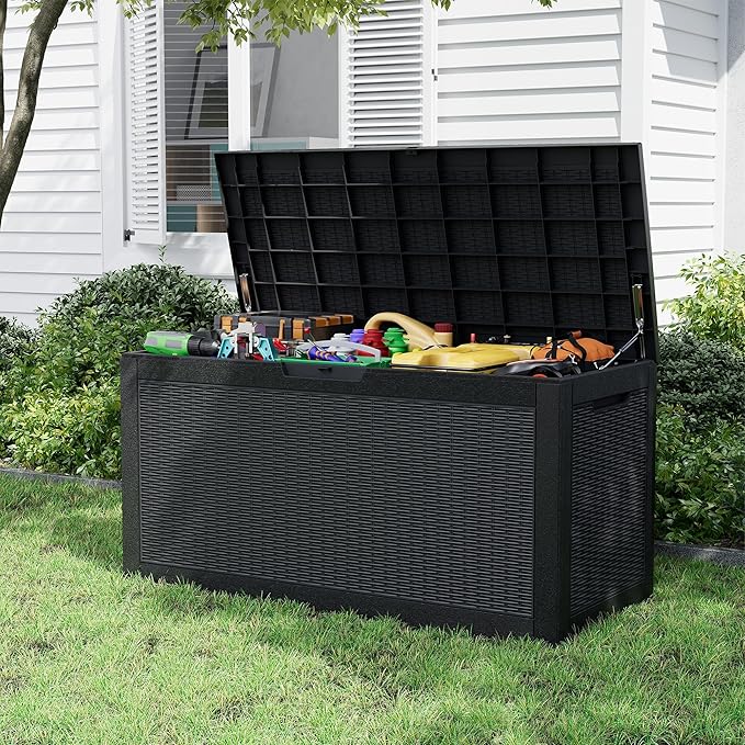 Oudoor Storage Deck Boxes Waterproof, Waterproof and UV Resistant Outdoor Storage Box Lockable Lid for Delivery Box, Indoor, Garden Tools, Pool Supplies, Patio (Black, 110 Gallon)