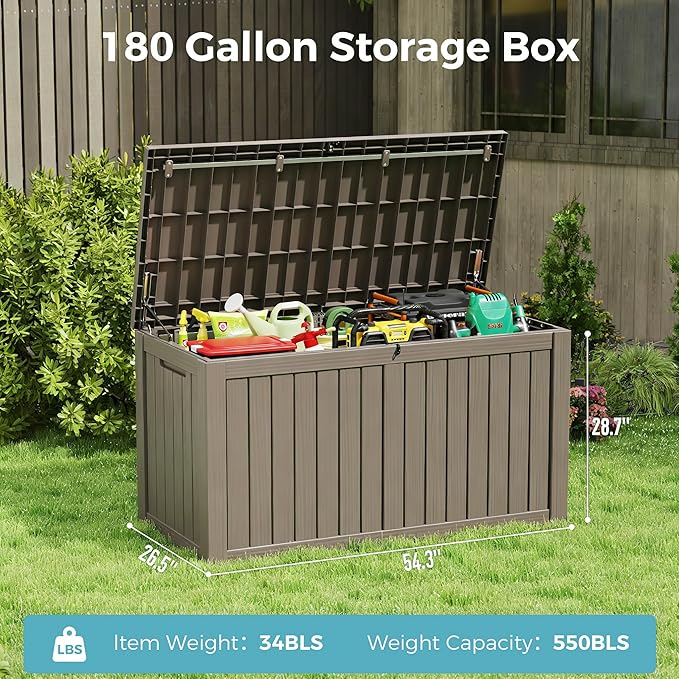 Oudoor Storage Deck Boxes Waterproof, Waterproof and UV Resistant Outdoor Storage Box Lockable Lid for Delivery Box, Indoor, Garden Tools, Pool Supplies, Patio (Grey, 180 Gallon)