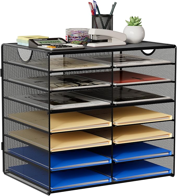 EasyPAG Paper Trays for Classroom 14 Tier Mesh Desk Organizer Shelves with Handle A4/Letter Size File Folder Organizer Shelf for Office, School, Home, Black