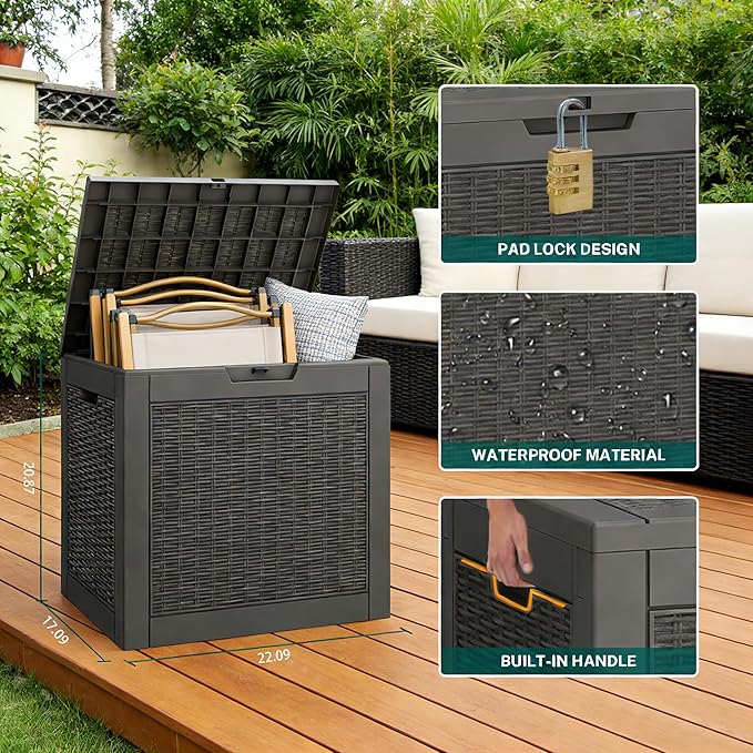 30 Gallon Outdoor Storage Box, Resin Deck Boxes Outdoor Waterproof For Patio Furniture, Garden Tools, Pool Supplies, Lockable And UV Resistant (Rattan Gray)