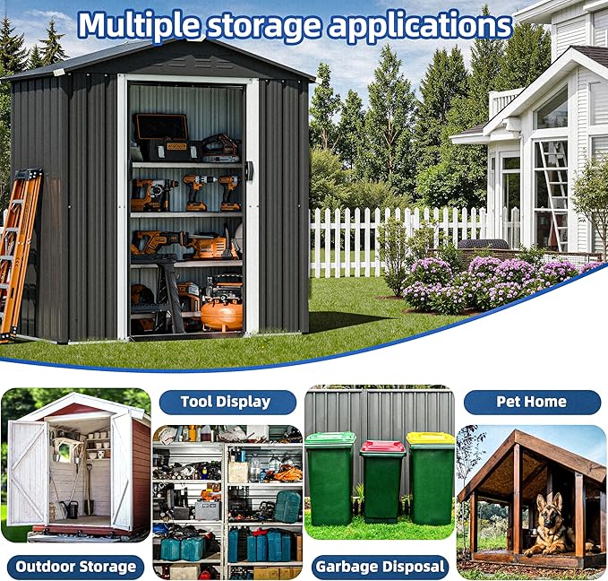 JYQAQA 6x4 FT Outdoor Storage Shed,Waterproof Metal Garden Sheds with Lockable Double Door,Weather Resistant Steel Tool Storage House Shed for Garden,Patio,Lawn, Gray
