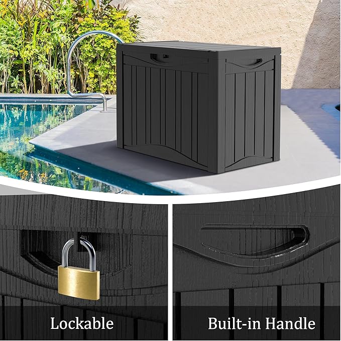 50 Gallon Lockable Resin Outdoor Storage Box, Waterproof & Weather Resistant Deck Box for Patio Cushion, Garden Tools & Pool Accessories, Black