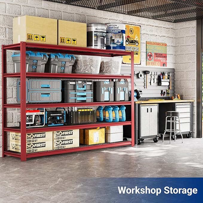 FLEXIMOUNTS 60" W Garage Shelving, 5 Tier Storage Shelves Load 1500LBS, Adjustable Garage Shelving Heavy Duty, Metal Shelves Unit for Basement, Warehouse, 60" W x 72" H x 24" D, Red
