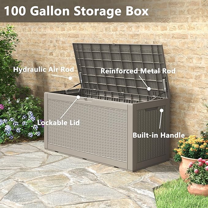 Oudoor Storage Box, 100 Gallon Resin Waterproof Deck Box Outside, Lockable Lid for Delivery Box, Patio, Indoor, Garden Tools, Pool Supplies - Grey