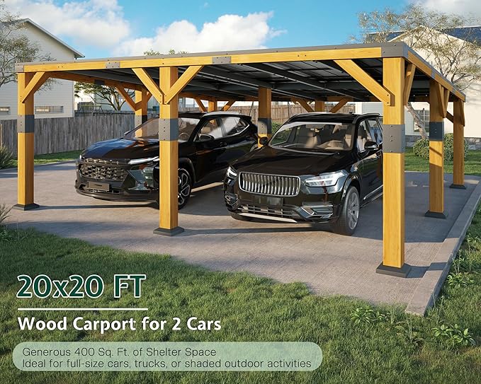 Jocisland 20x20x9.2 FT Cedar Wood Carport for 2 Cars, Heavy Duty Canopy Carport with Sloped Galvanized Steel Roof for All Weather, Permanent Shelter for Full-Sized Pickup Truck, Boat & Tractor