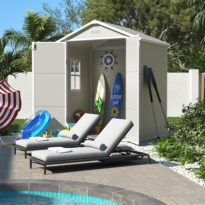 UDPATIO Outdoor Storage Shed 6x4.5 FT, Plastic Sheds & Resin Outside Storage for Trash Can, Bike, Lawnmower, Generator, Tool Shed with Lockable Door for Backyard, Lawn, Patio, Sandstone