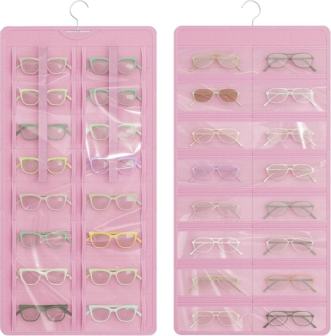Hanging Sunglasses Organizer and Storage, Dual-Sided Sunglasses Case and Jewelry Holder, Wall-Mounted, 32 Clear Slots, Dust-Proof, Roof Design for Travel, Pink
