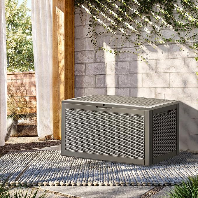 Outdoor Storage Deck Box Waterproof, 100 Gal Large Lockable Patio Storage Bin Chest, Resin Outside Container Seat Bench for Furniture Cushions, Pool Accessories, Garden Tools & Delivery, Grey