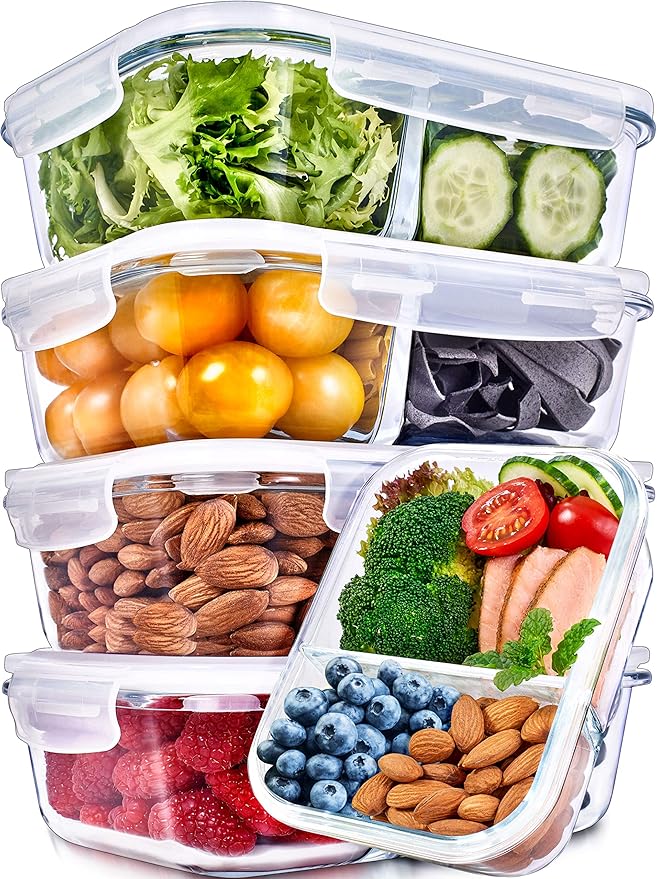 Prep Naturals 36oz Glass Meal Prep Containers - Airtight Glass Food Storage Containers with Lids - Dishwasher, Microwave & Oven Safe Meal Prep Bowls - Pack of 5, 36 Oz, 2-Compartment, Clear