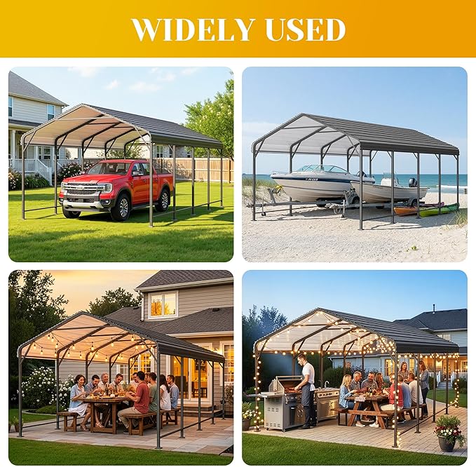 12' x 20' Metal Carport, Heavy Duty Canopy with Updated Roof & Enhanced Base, Multi-Use Carport Garage for Car, Truck, Boat, Tractors, Party, Grey