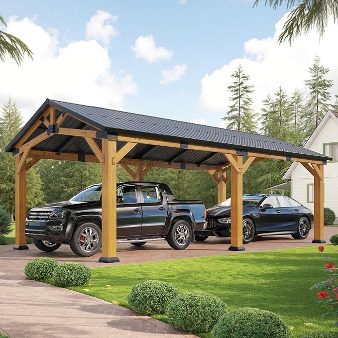 Jocisland 12x24x9.5 FT Cedar Wood Hardtop Carport with Galvanized Steel Roof, Waterproof Outdoor Gazebo Pavilion, Heavy-Duty Snow & Wind Resistant Canopy for Patio, Driveway, Garden