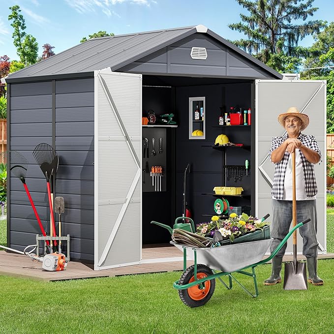 YITAHOME 8x6FT Resin Storage Unit sans Flooring, All-Weather Plastic Shed with Window, Vents and Secured Doors, Outdoor Plastic Tool Cabin for Poolside, Lawn, Backyard, Patio, Dark Gray