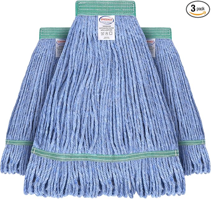 Onesimus 16 oz Mop Head Replacement, Industrial Mops for Floor Cleaning Heavy Duty 4-Ply Cotton Blend Looped End Wet Mop Refills 1.25 in Universal Headband Fit Most Handles, 3 Pack Medium Blue