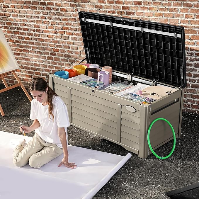 DWVO Large Deck Box 150 Gallon Waterproof Outdoor Storage Box, Extra Large Outdoor Bin, Resin Louvered Patio Storage for Pillows, Garden Tools & Pool Supplies, Lockable, Black&Brown