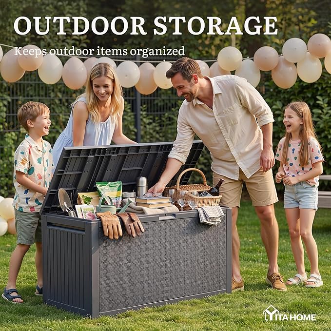 YITAHOME 90 Gallon Outdoor Deck Box, Lockable Resin Deck Box with Handles, Outdoor Storage Box for Patio Furniture, Garden Tools, Waterproof & UV Resistant, Dark Grey