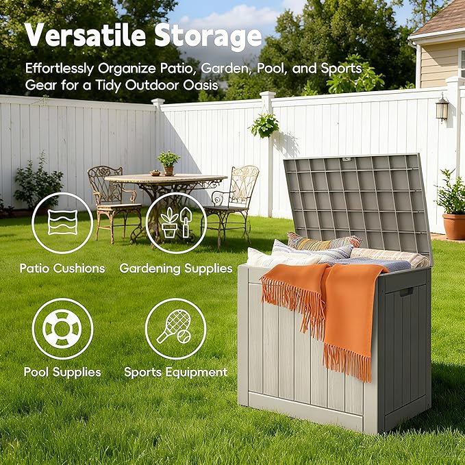 Mars Villa 31 Gallon Deck Box, Waterproof Weatherproof and UV Resistant Resin Storage Bin with Lockable Lid, for Outdoor Patio Furniture Cushions, Pool Supplies, Garden Tools, Greige