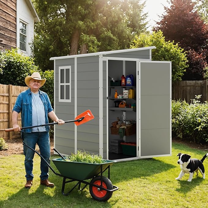 Greesum 5x4FT Plastic Outdoor Storage Shed, Resin Shed with Floor and Window, Tool Sheds with Lockable Door and Vent, for Garden, Garage, Lawn, Light Gray