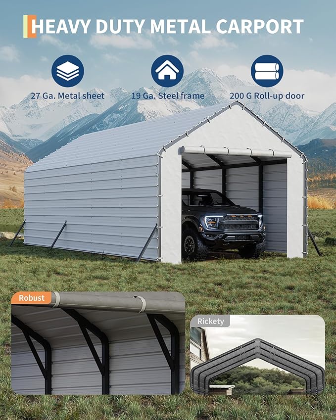 GarveeLife Heavy-Duty PE Enclosure Kit (2-Pack) for Metal Carport - 220gsm Roll-Up Zipper Door Panels for 13x26, 13x21, 13x16 ft, with Ball Bungees, White