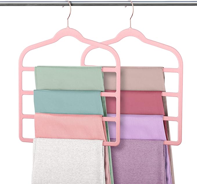 Velvet Pants Clothes Hanger Space Saving Non Slip Pants Shorts Hanger, Myfolrena Jeans Slack Trousers Hangers Multiple Velvet Hanger Closet Storage and Organization for Jeans,Scarf,Tie(Pink, 3)