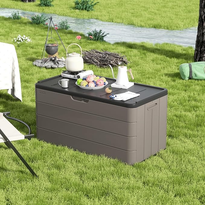 Outdoor Storage Box, 100 Gallon Plus Resin Deck Box Waterproof for Patio Furniture, Garden Tools and Pool Accessories, Lockable UV-Resistant Storage Bin Bench Cabinet for Outside, Brown