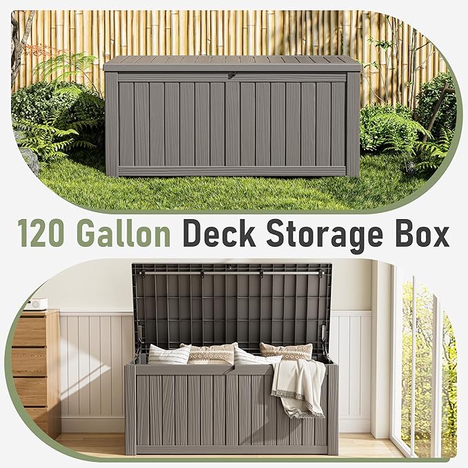 150 Gallon Outdoor Storage Box, Resin Deck Boxes Outdoor Waterproof For Patio Furniture, Garden Tools, Pool Supplies, Lockable And UV Resistant (Striped Gray)