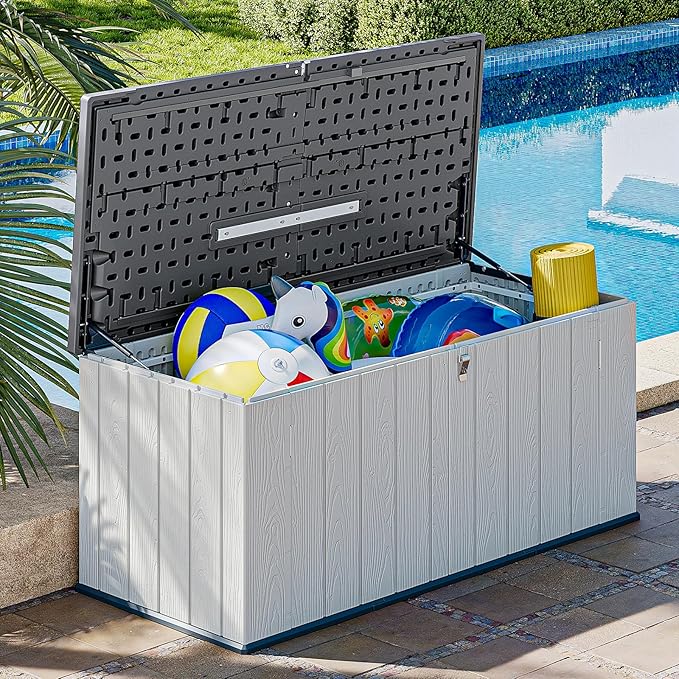 Aoxun 160 Gallon Resin Large Outdoor Storage Box, Horizontal Storage Sheds 21 Cu.ft, Waterproof Lockable Deck Box with Spring-Assisted Lid, Patio Storage for Garden, Pool, Cushions, Tools, White