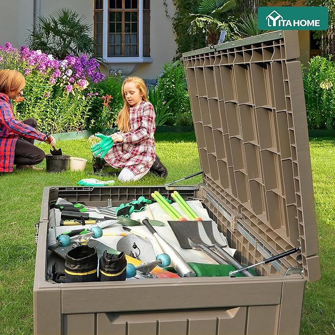 YITAHOME 230 Gallon Large Outdoor Storage XXL Deck Box for Patio Furniture, Outdoor Cushions, Garden Tools and Sports/Pools Equipment, Waterproof Resin, Lockable, Taupe