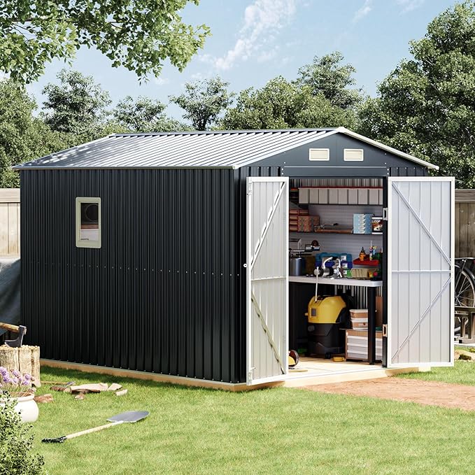 Breezz 10X8FT Outdoor Steel Storage Shed with Clear Window, Lockable Doors, Weather-Resistant Metal Tool Shed for Garden, Backyard, Patio, and Utility Storage