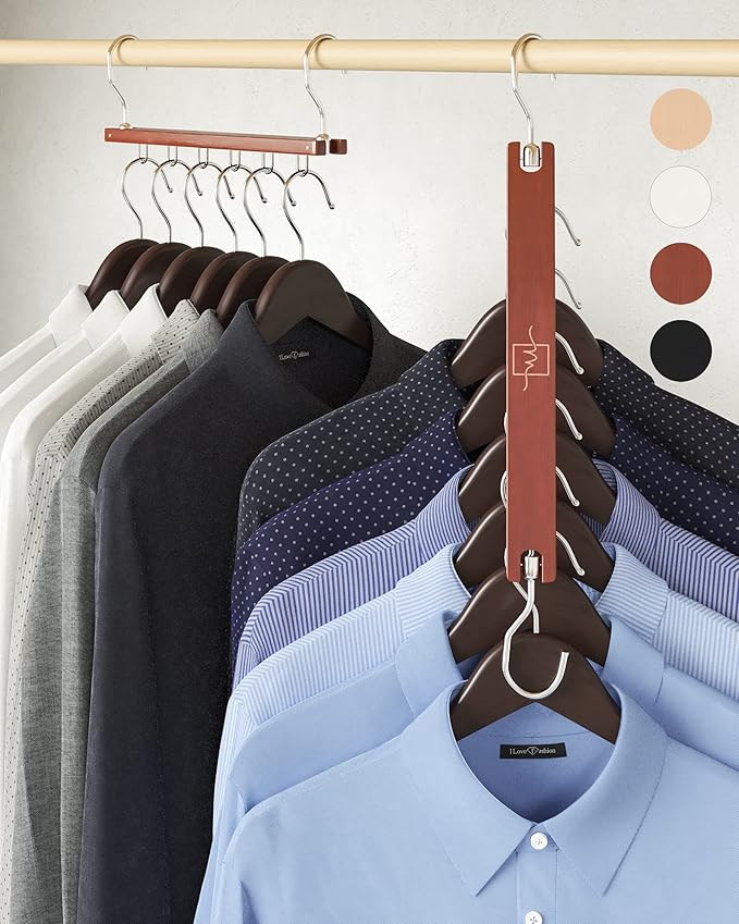 MORALVE Space Saving Hangers for Closet – 4 Pack European Beechwood 6-Tier Shirt Organizer with 360° Swivel Hook – Collapsible Clothes Hanger for Closet Organization (Hangers Not Included)