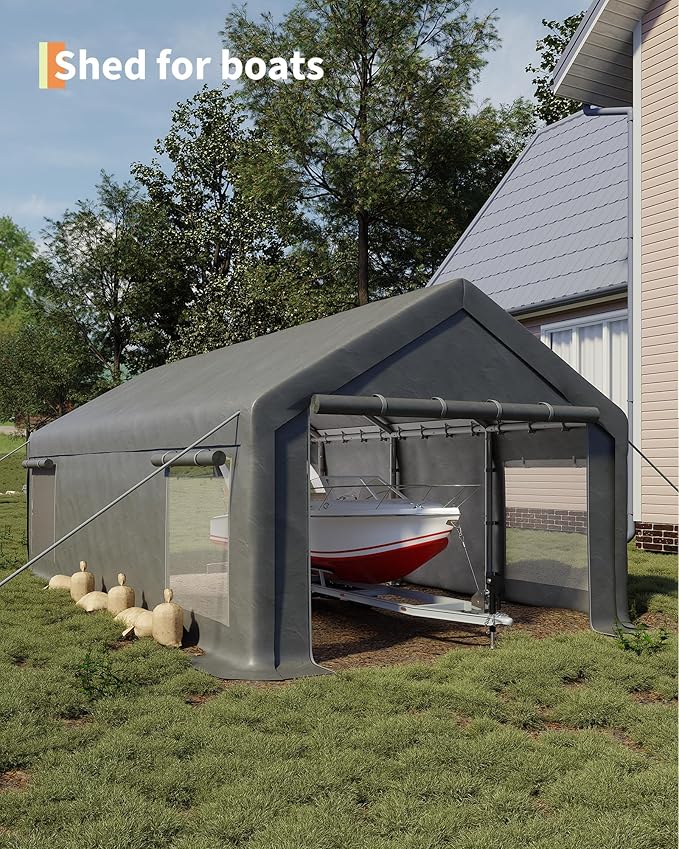 GarveeLife 13x25 ft Portable Garage, Car Port with 220 g PE Tarp Cover, with Front & Rear Roll-Up Doors and 4 Windows, for Temporary Paint Booth, Boats&Pickups Shed, and Event Shelter, Gray